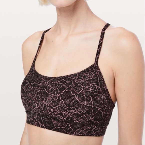 LULULEMON Flow Y Bra Nulu Spanish Rose Lacescape Pink Black Size 4 Soft Like New - Picture 1 of 12